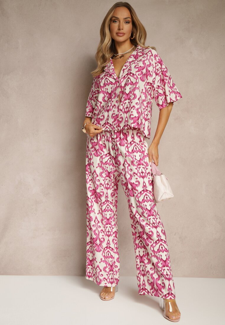 defox Set Roz Din viscoză cu imprimeu ornamental Cămașă și Pantaloni largi Sarilsa