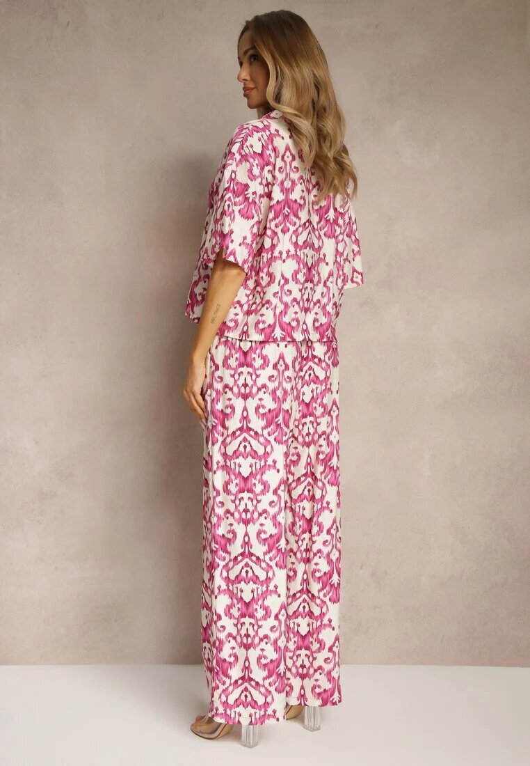 defox Set Roz Din viscoză cu imprimeu ornamental Cămașă și Pantaloni largi Sarilsa