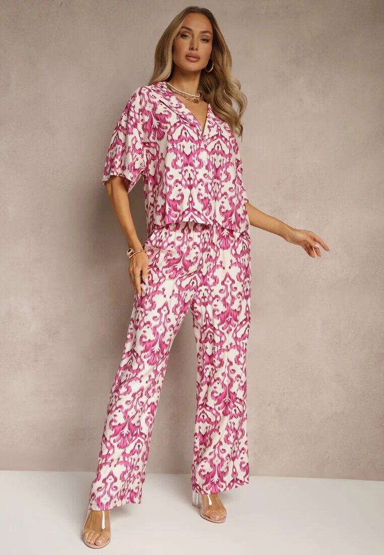 defox Set Roz Din viscoză cu imprimeu ornamental Cămașă și Pantaloni largi Sarilsa