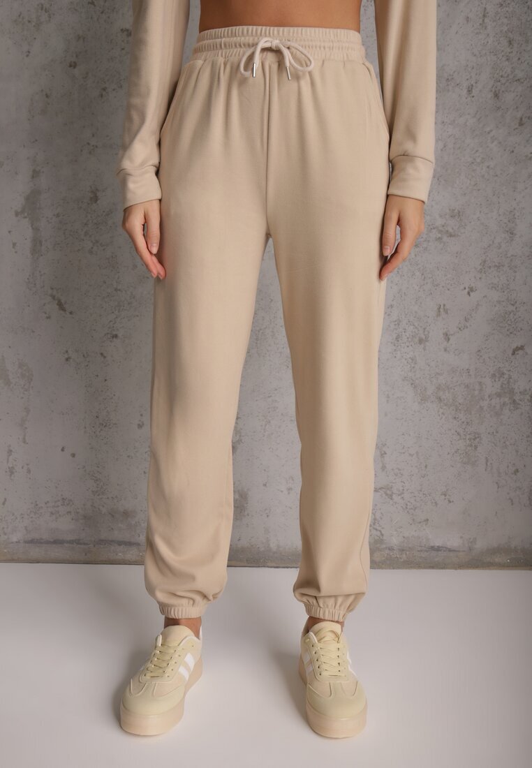 defox Set Trening Bej Pantaloni și Bluză cu Glugă și Buzunar Tip Cangur Lotilea