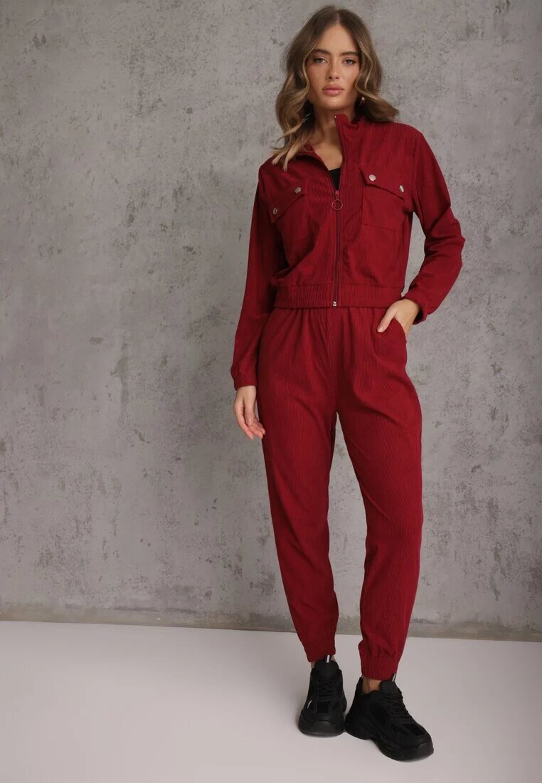 defox Set Trening Bordou cu Dungi Jachetă cu fermoar și guler și Pantaloni