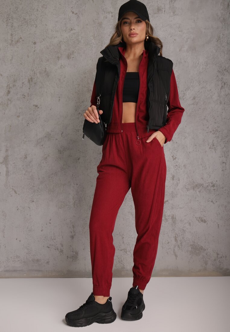 defox Set Trening Bordou cu Dungi Jachetă cu fermoar și guler și Pantaloni