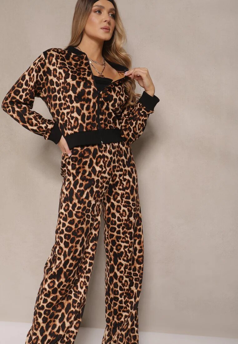 defox Set Trening Maro cu Imprimeu Leopard Bluză și Pantaloni cu Croială Largă Sonariela