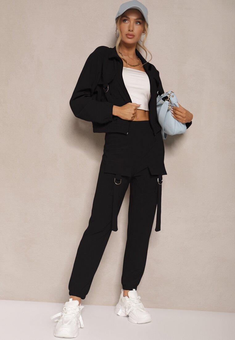 defox Set Trening Negru Utility Bluză cu fermoar și Pantaloni cu buzunare Telinoria