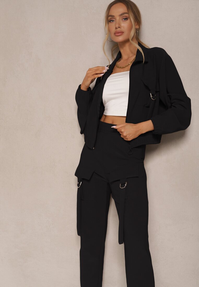 defox Set Trening Negru Utility Bluză cu fermoar și Pantaloni cu buzunare Telinoria