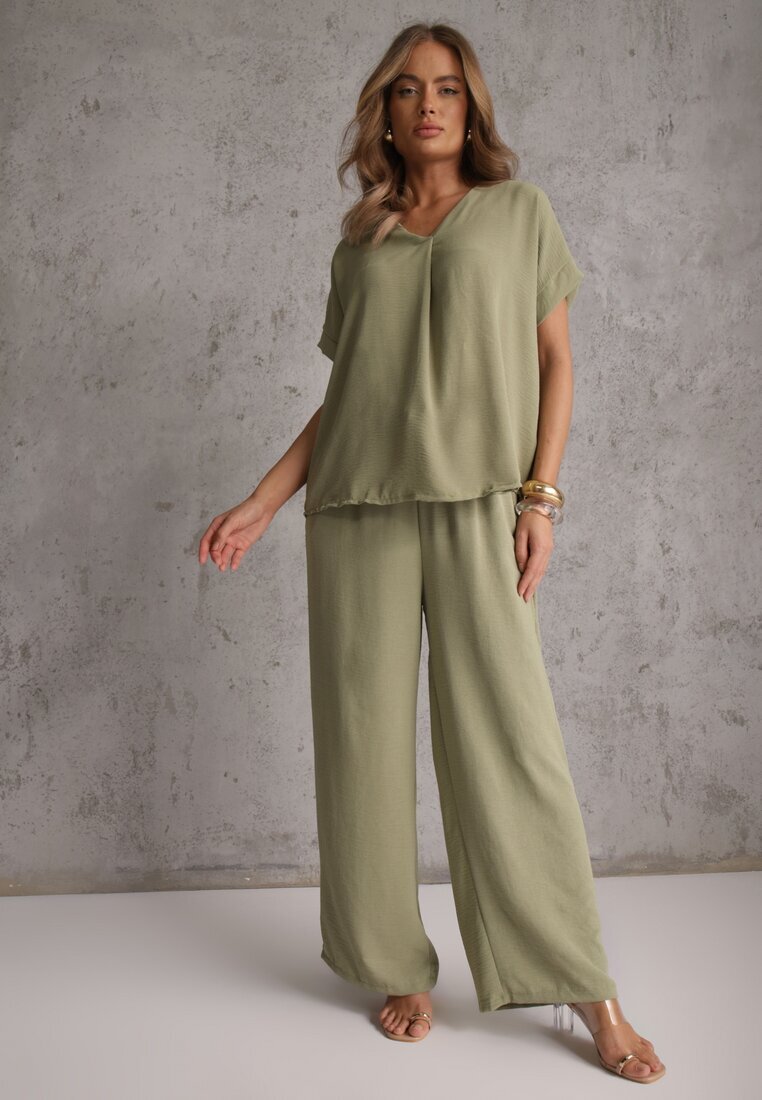 defox Set Verde Bluză și Pantaloni Largi cu Viscoză și Buzunare Efraria