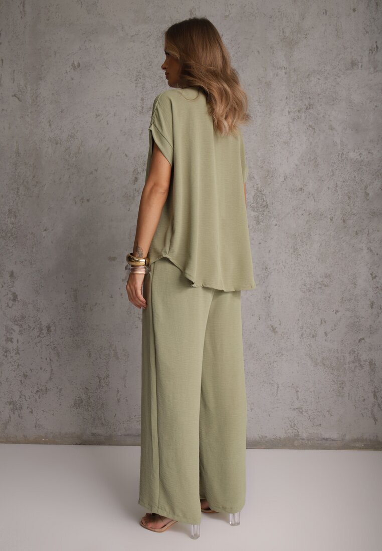 defox Set Verde Bluză și Pantaloni Largi cu Viscoză și Buzunare Efraria