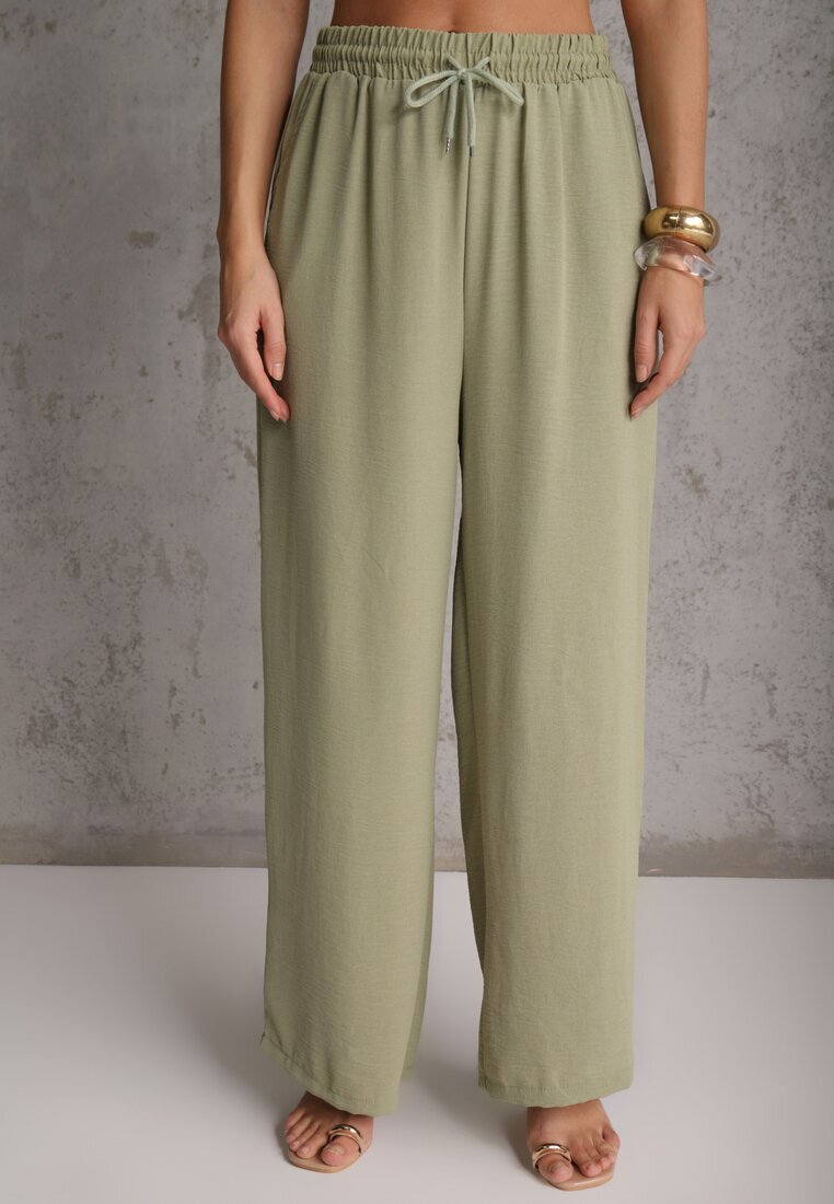 defox Set Verde Bluză și Pantaloni Largi cu Viscoză și Buzunare Efraria