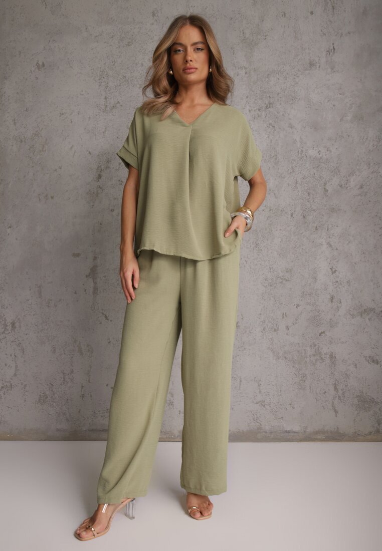 defox Set Verde Bluză și Pantaloni Largi cu Viscoză și Buzunare Efraria