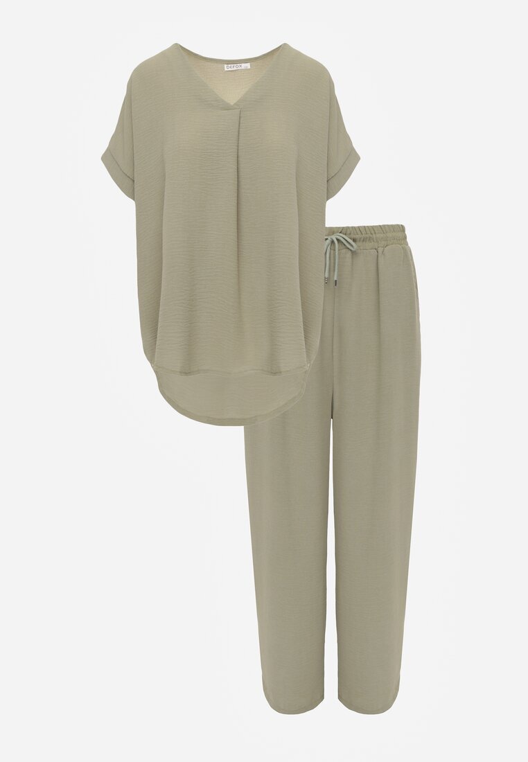 defox Set Verde Bluză și Pantaloni Largi cu Viscoză și Buzunare Efraria