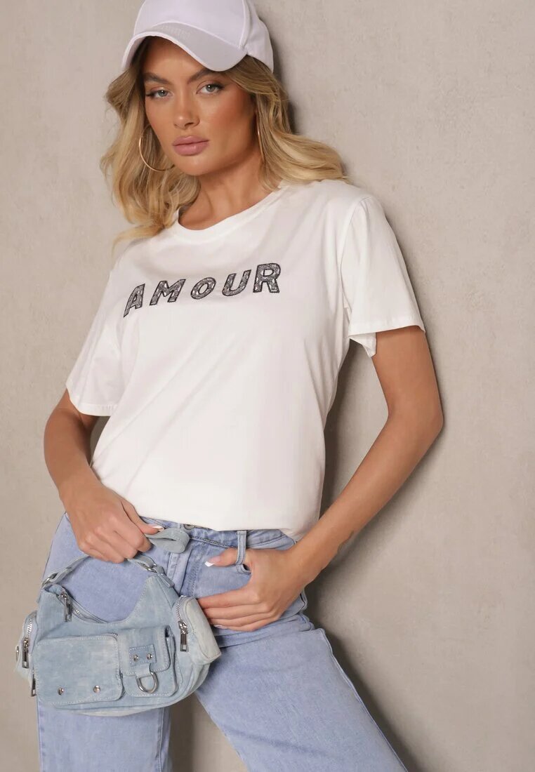 defox Tricou Alb din Bumbac cu Imprimeu cu Paiete Marivinna