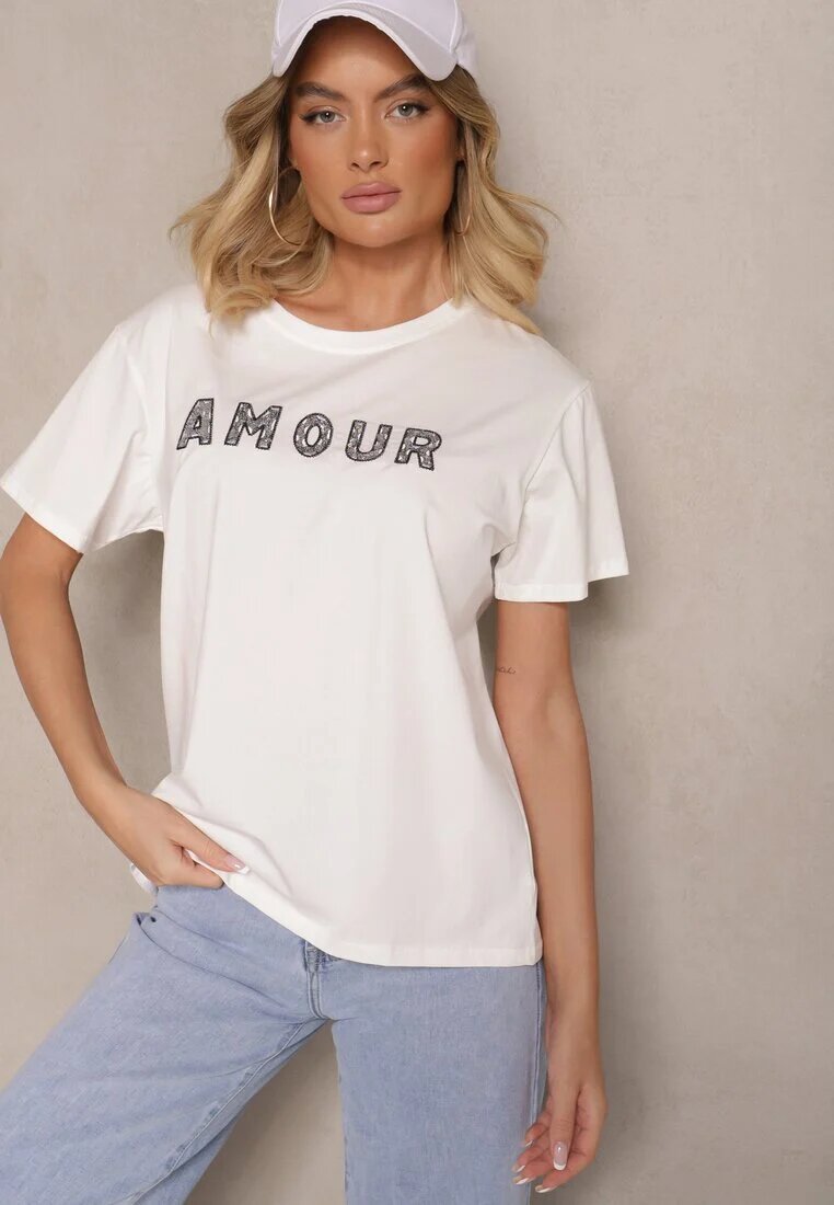 defox Tricou Alb din Bumbac cu Imprimeu cu Paiete Marivinna