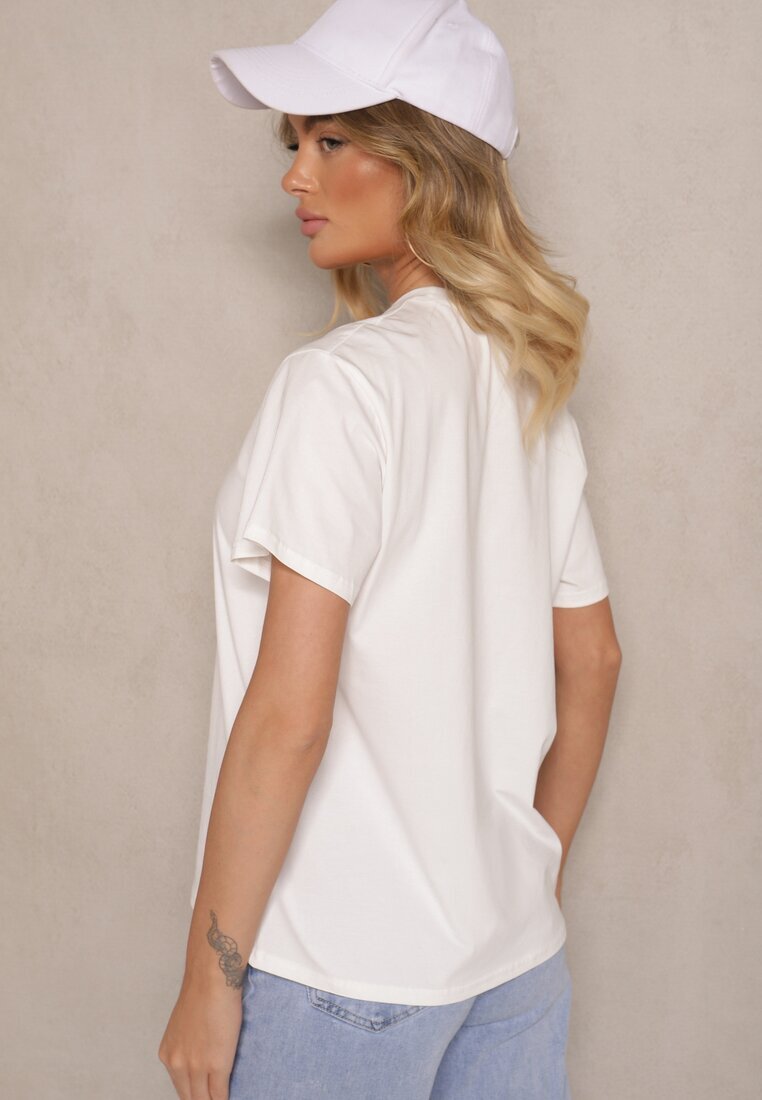 defox Tricou Alb din Bumbac cu Imprimeu cu Paiete Marivinna
