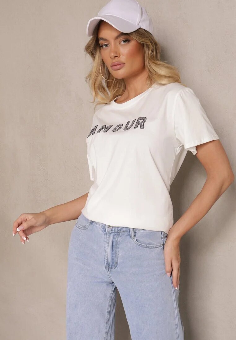 defox Tricou Alb din Bumbac cu Imprimeu cu Paiete Marivinna