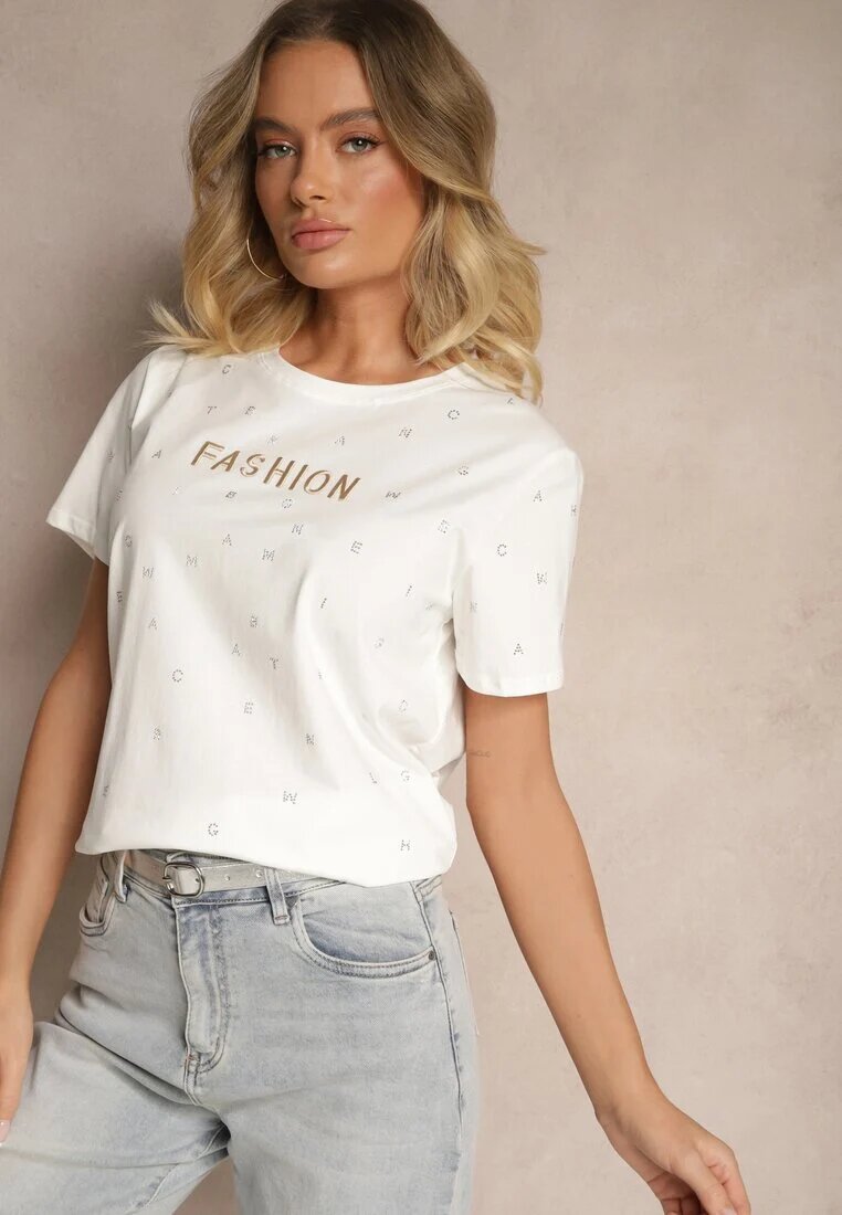 defox Tricou Alb din bumbac decorat cu inscripție și cu zirconii Nalavenna