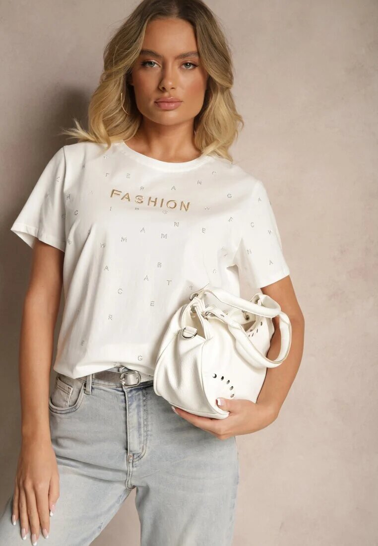 defox Tricou Alb din bumbac decorat cu inscripție și cu zirconii Nalavenna
