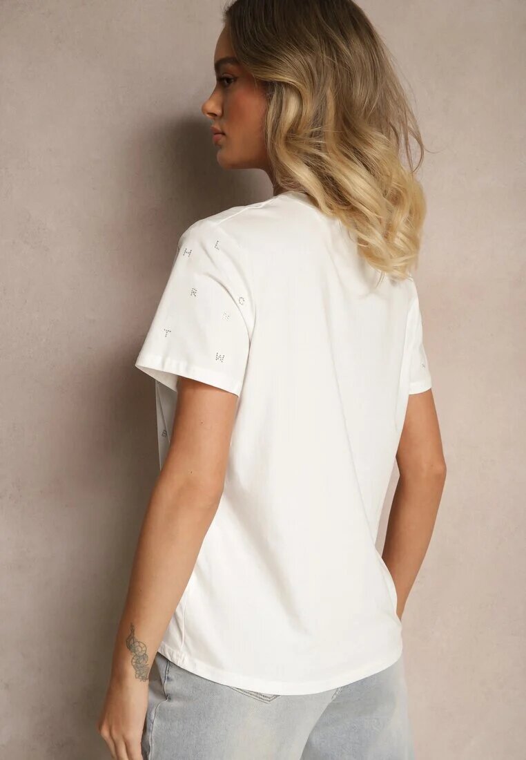 defox Tricou Alb din bumbac decorat cu inscripție și cu zirconii Nalavenna