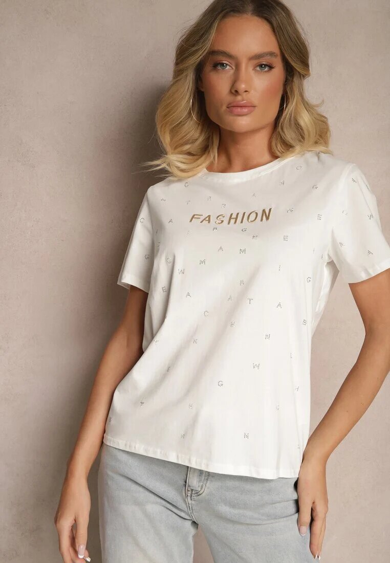 defox Tricou Alb din bumbac decorat cu inscripție și cu zirconii Nalavenna