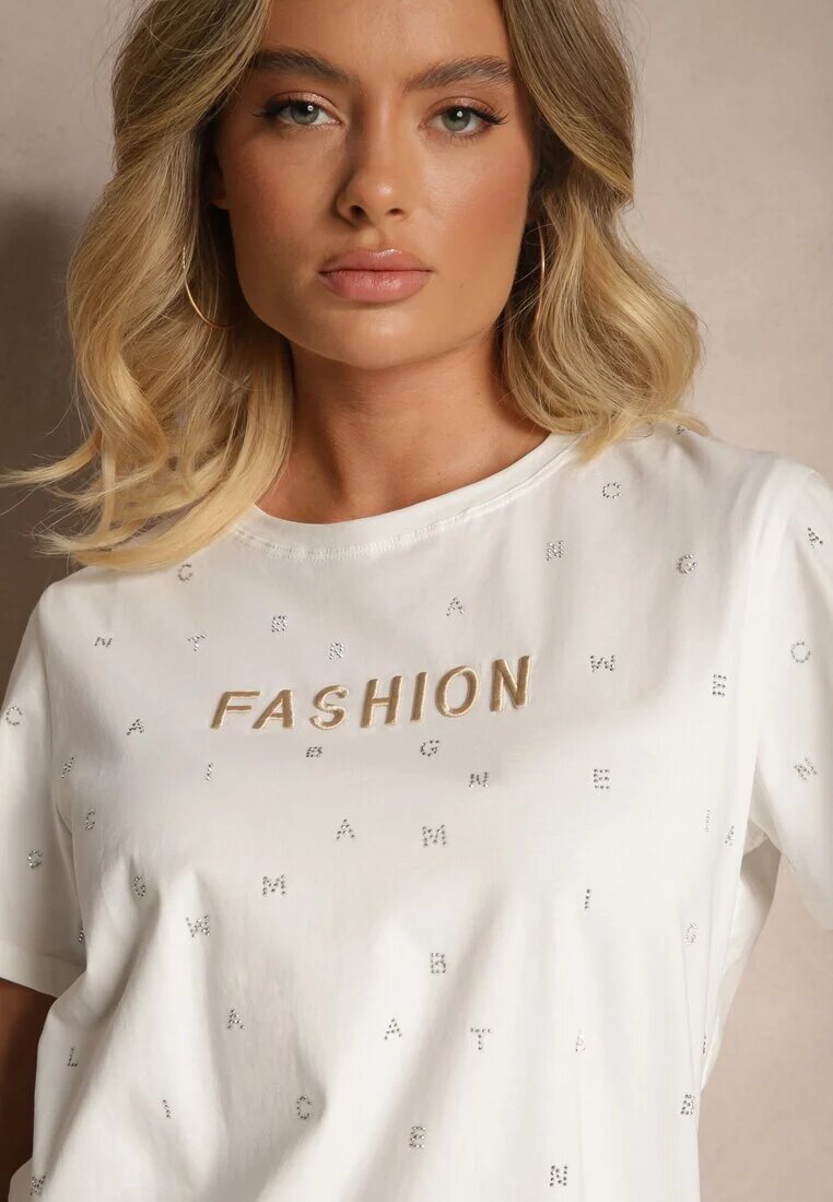 defox Tricou Alb din bumbac decorat cu inscripție și cu zirconii Nalavenna