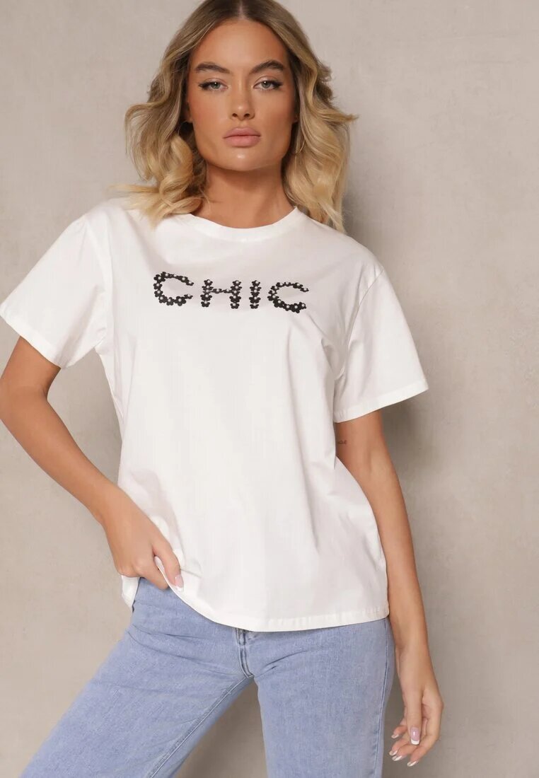 defox Tricou alb din Bumbac Decorat cu Perle și cu Textul Naloreth