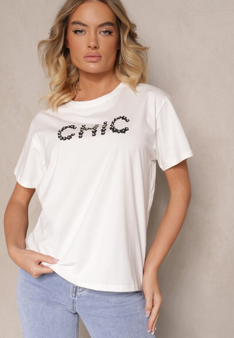 defox Tricou alb din Bumbac Decorat cu Perle și cu Textul Naloreth