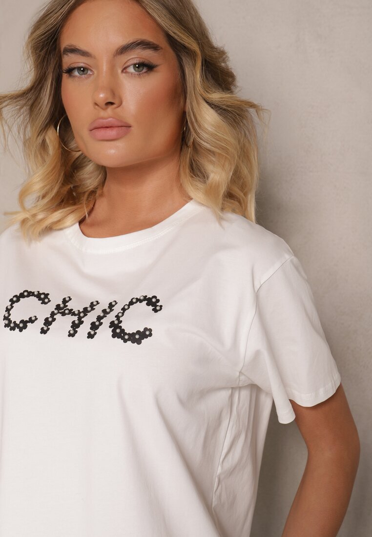 defox Tricou alb din Bumbac Decorat cu Perle și cu Textul Naloreth