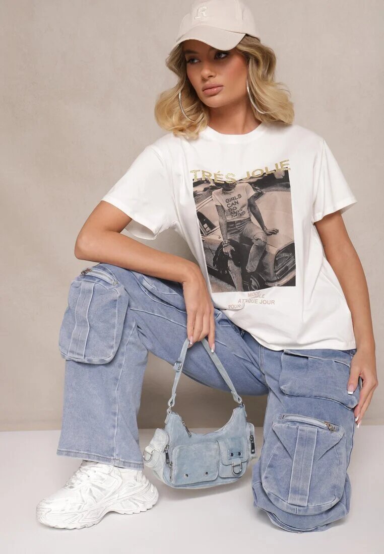 defox Tricou Din bumbac Alb cu Sclipici și Imprimeu Nalamis