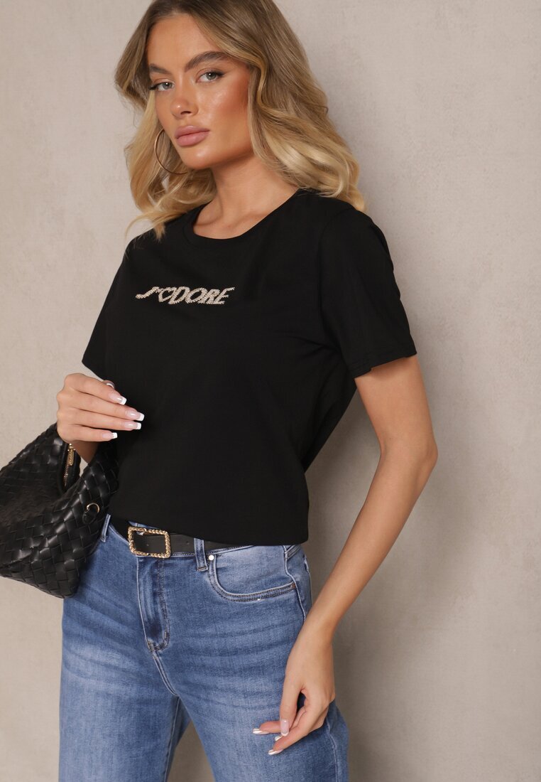 defox Tricou Negru din Bumbac cu Imprimeu Nalothra
