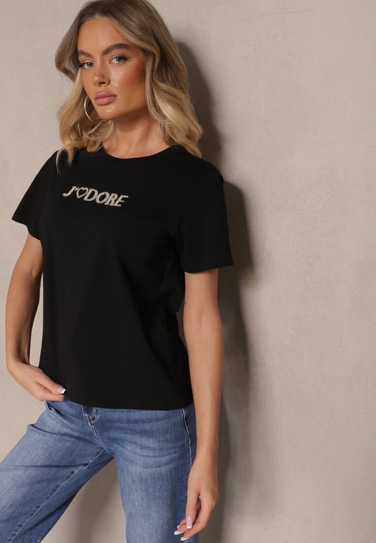 defox Tricou Negru din Bumbac cu Imprimeu Nalothra