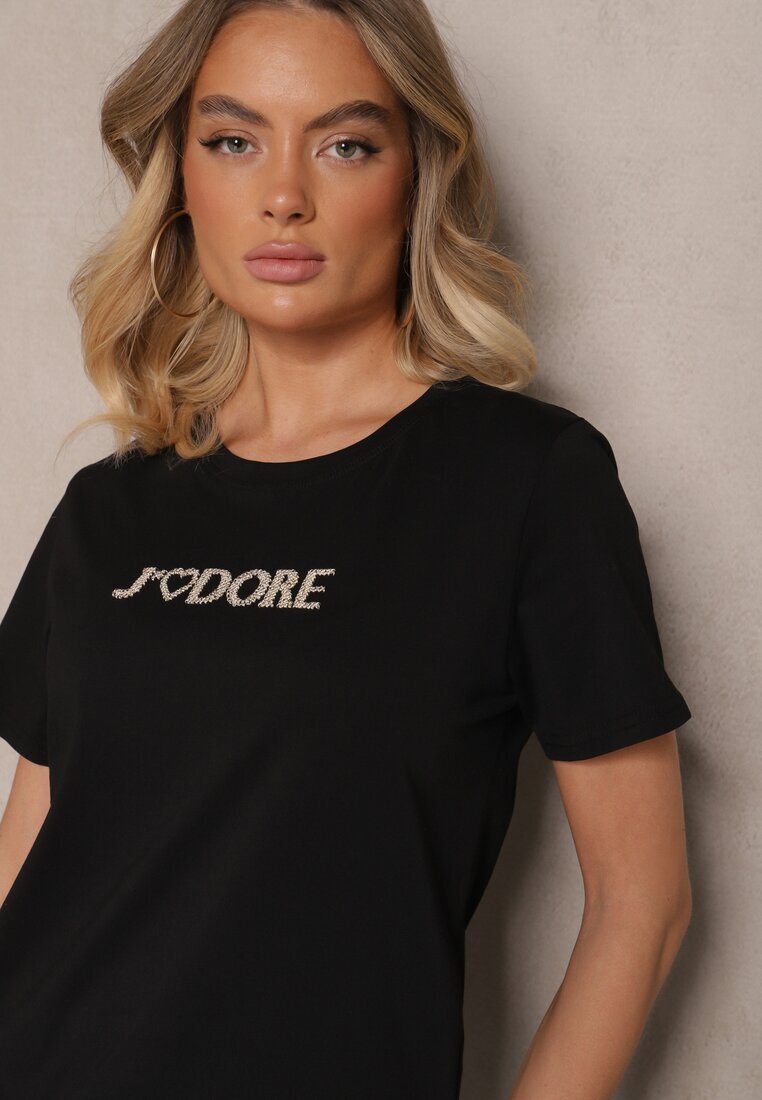defox Tricou Negru din Bumbac cu Imprimeu Nalothra