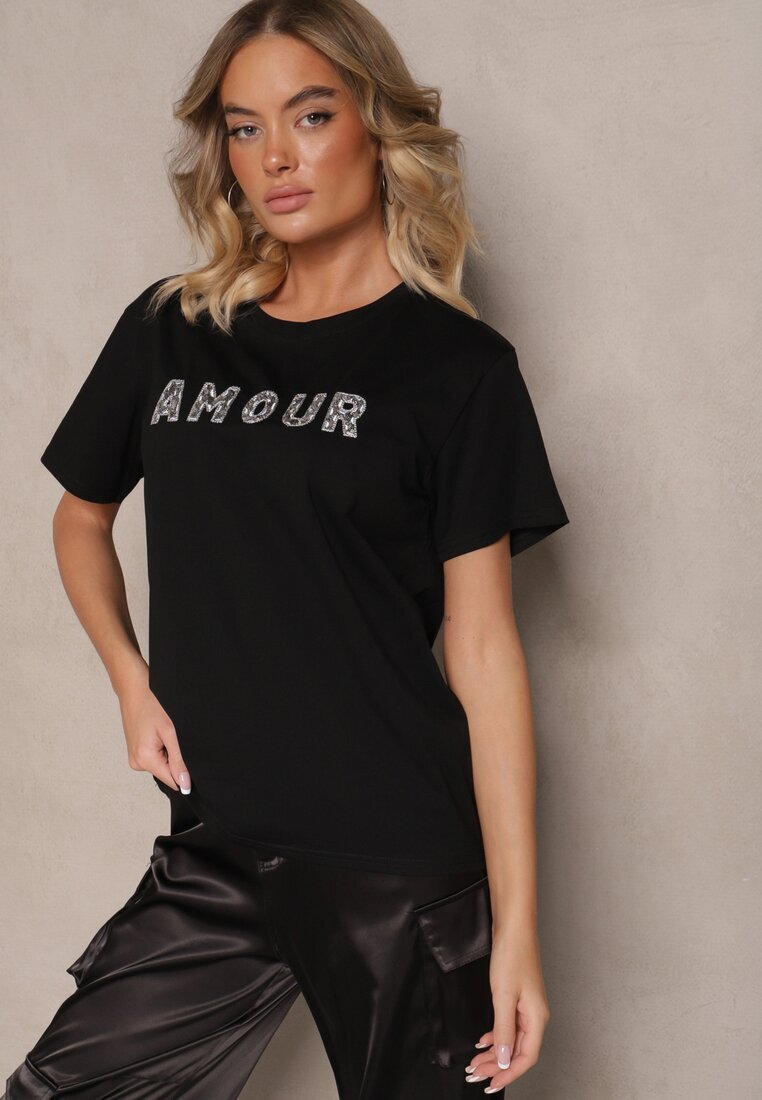defox Tricou Negru Din bumbac Cu inscripție Cu paiete Marivinna