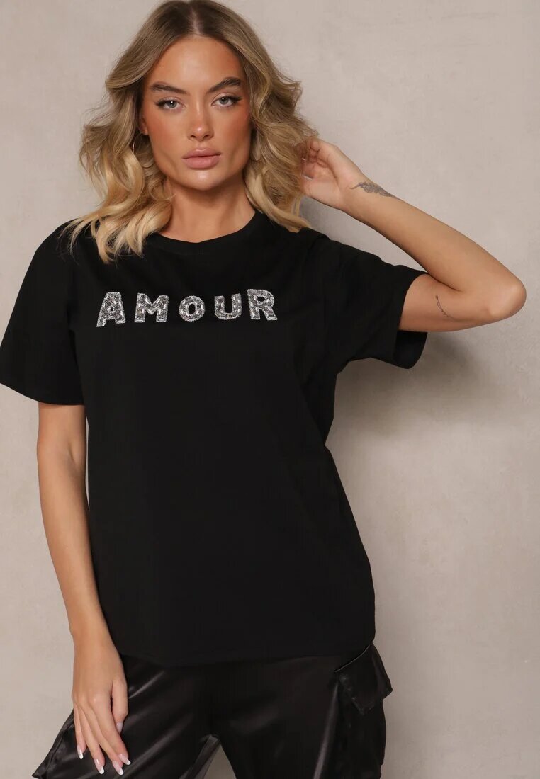 defox Tricou Negru Din bumbac Cu inscripție Cu paiete Marivinna