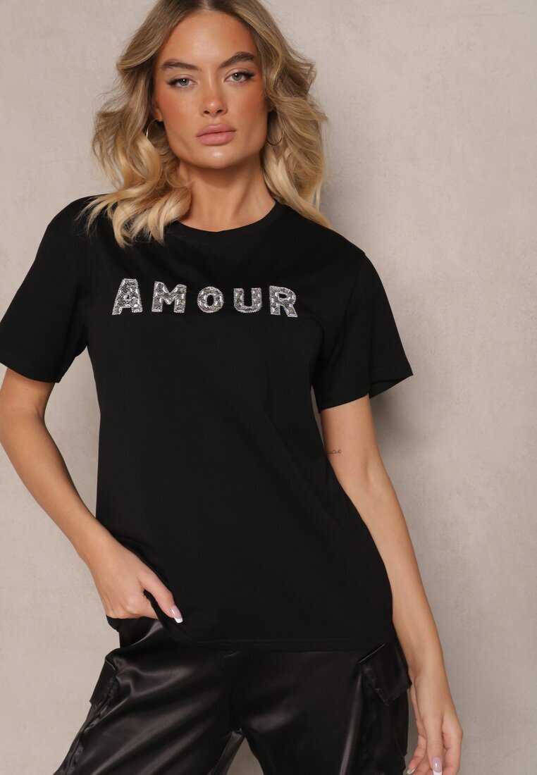 defox Tricou Negru Din bumbac Cu inscripție Cu paiete Marivinna