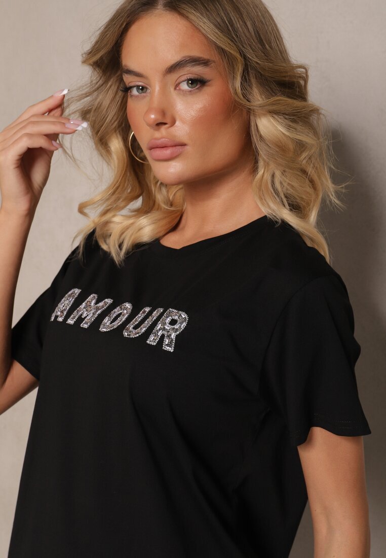defox Tricou Negru Din bumbac Cu inscripție Cu paiete Marivinna