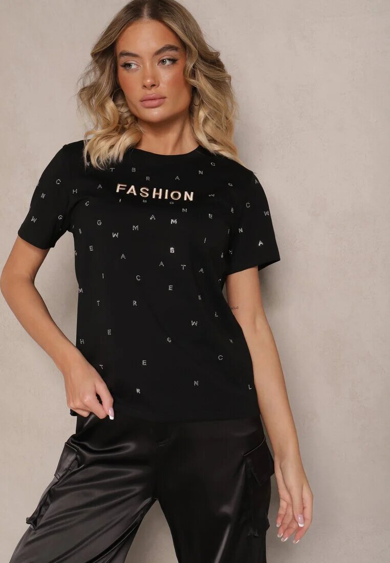 defox Tricou Negru din Bumbac Decorat cu Inscripție și Zirconii Nalavenna