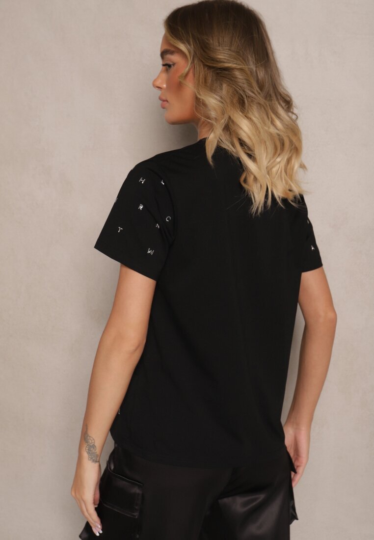 defox Tricou Negru din Bumbac Decorat cu Inscripție și Zirconii Nalavenna