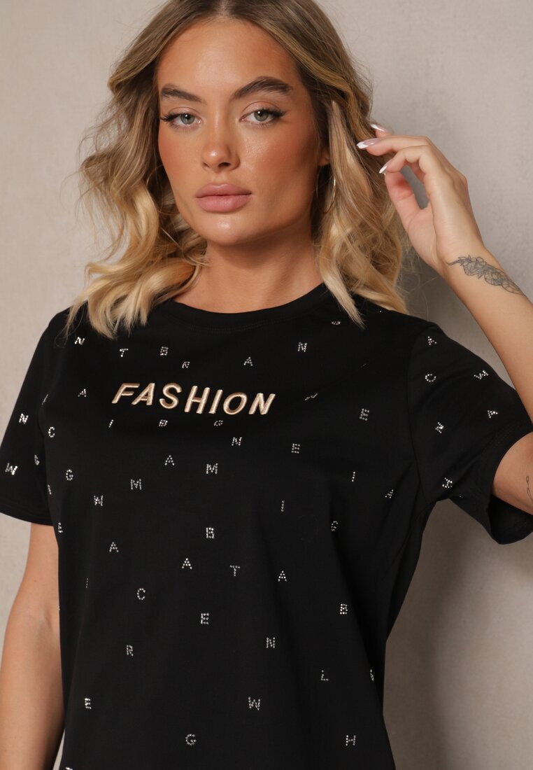 defox Tricou Negru din Bumbac Decorat cu Inscripție și Zirconii Nalavenna