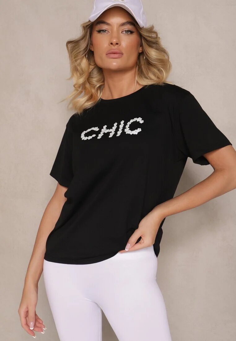 defox Tricou Negru din Bumbac Decorat cu Perle și cu Textul Naloreth