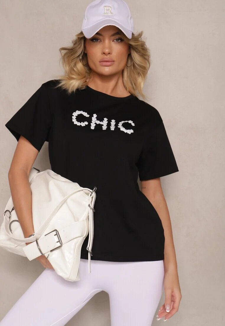 defox Tricou Negru din Bumbac Decorat cu Perle și cu Textul Naloreth