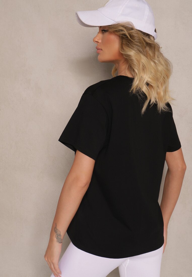 defox Tricou Negru din Bumbac Decorat cu Perle și cu Textul Naloreth