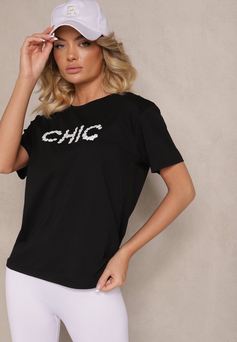 defox Tricou Negru din Bumbac Decorat cu Perle și cu Textul Naloreth