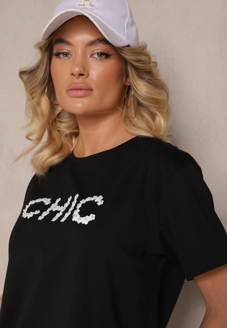 defox Tricou Negru din Bumbac Decorat cu Perle și cu Textul Naloreth