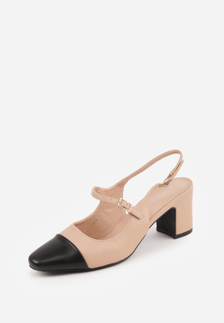 diamantique Sandale bej cu toc gros slingback decorate cu baretă Divolia