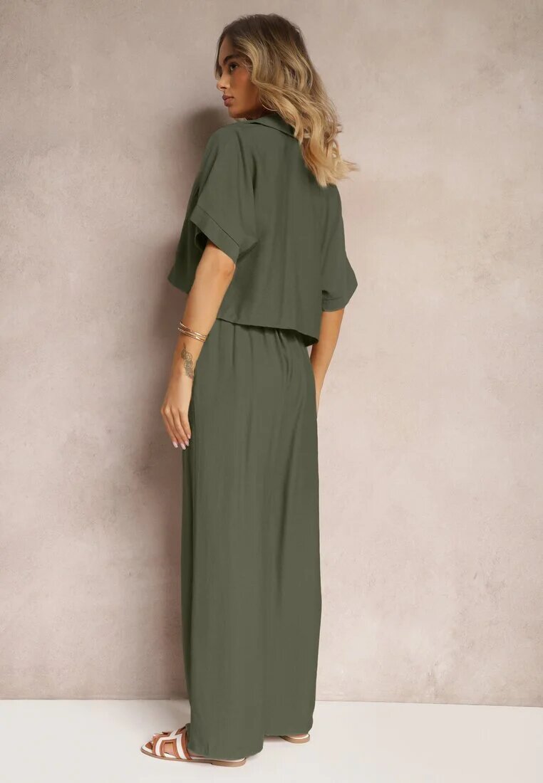  Din 2 piese Set Verde închis din viscoză Cămașă cu croială lejeră Pantaloni largi Velvitela