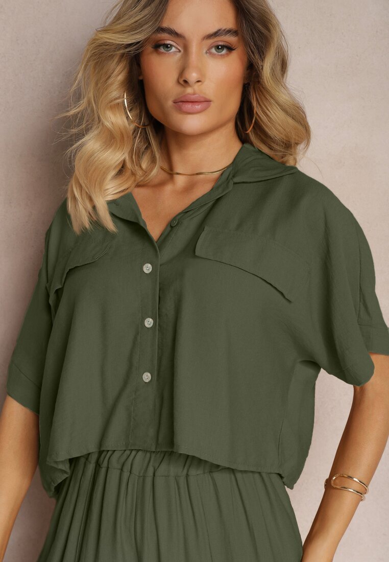  Din 2 piese Set Verde închis din viscoză Cămașă cu croială lejeră Pantaloni largi Velvitela