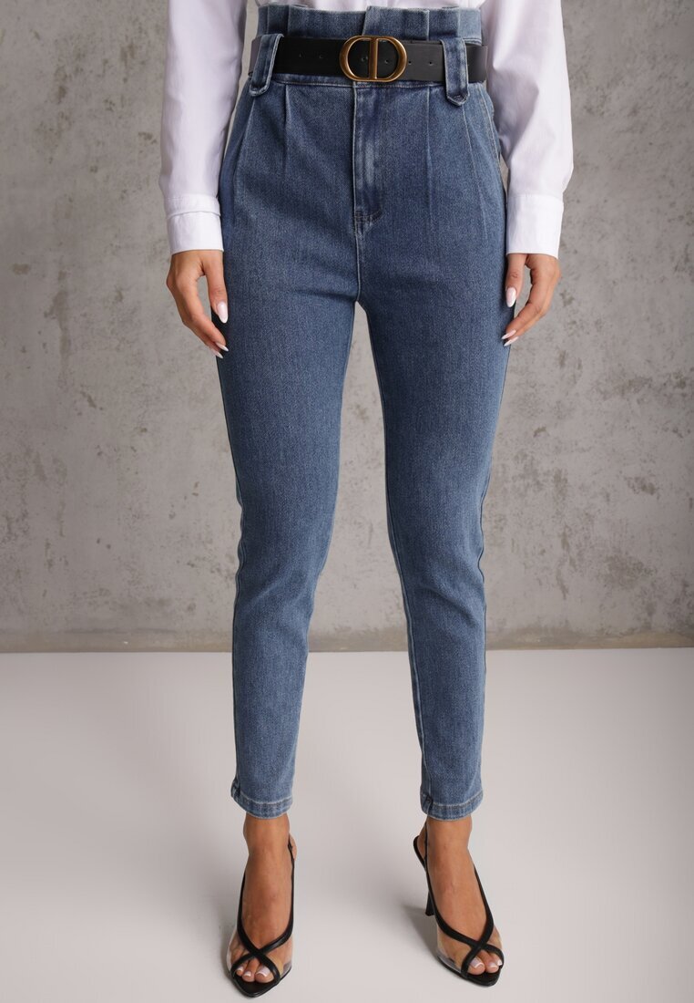 elsa.m by may Blugi Mom Fit bleumarin cu curea Astera