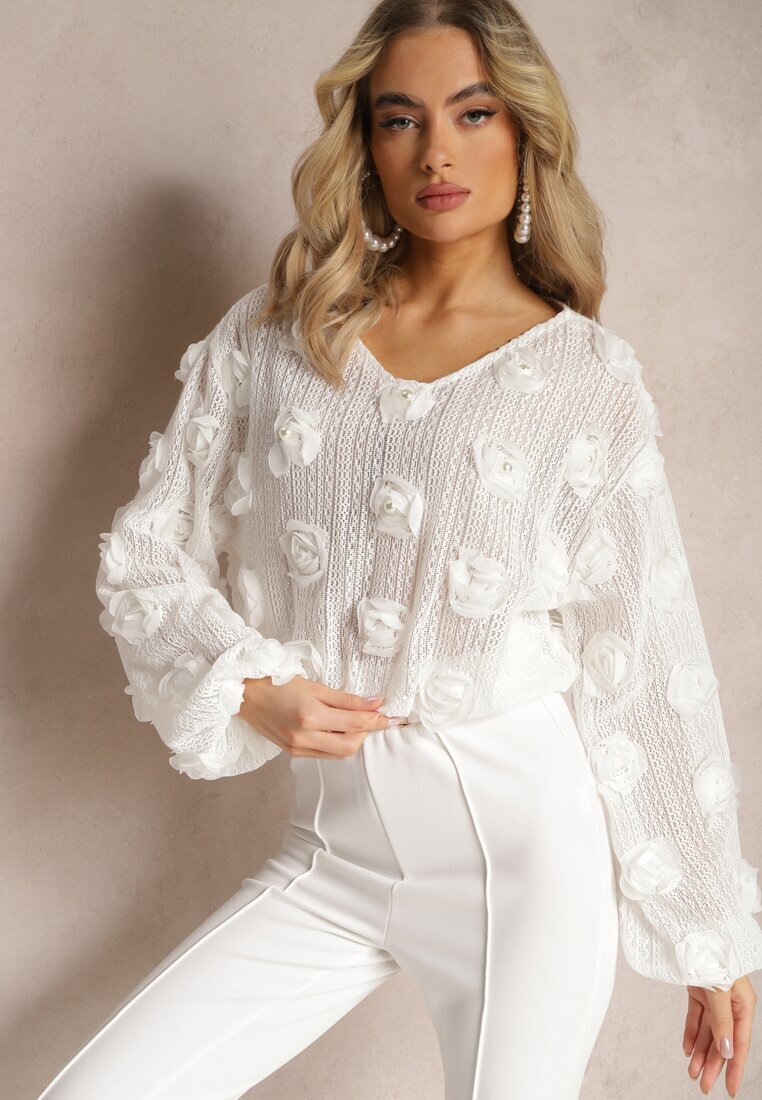 elsa.m by may Bluză Ajurată Albă cu Perle și Flori Decorative Panaly