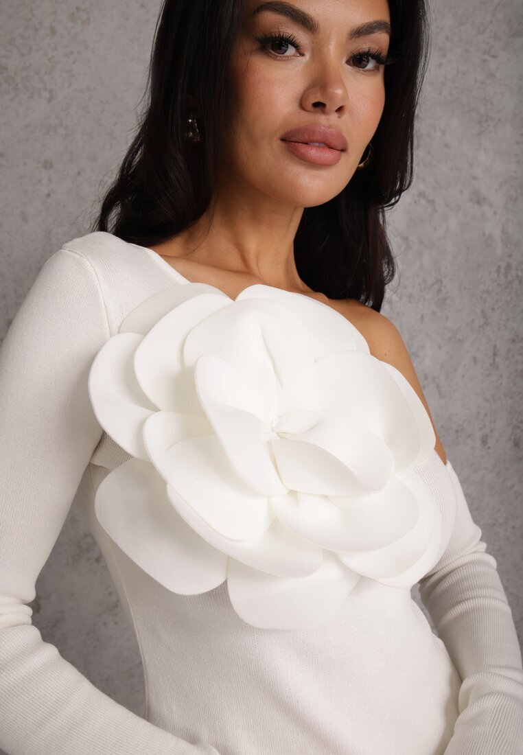 elsa.m by may Bluză Albă din Viscoză cu croi Asimetric cu Aplicație 3D cu floare Cheleta
