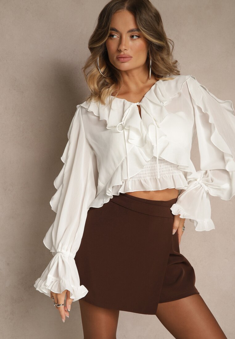 elsa.m by may Bluză Albă Legată Decorată cu Volane cu Top Suplimentar pe Bretele Miradiara