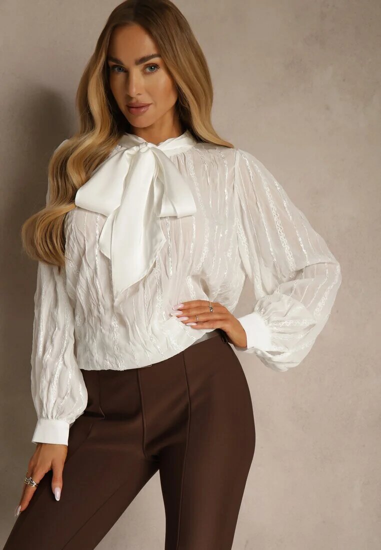 elsa.m by may Bluză Albă Texturată cu croială tip cămașă cu legătură decorativă Sepalea